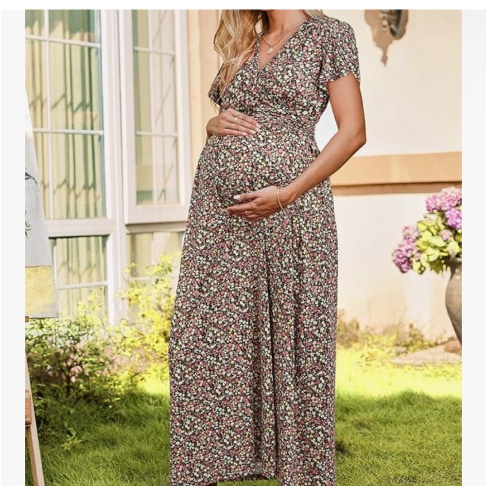 Ouges Women’s XL Maternity Dress Floral Maxi Pregnancy V Neck EUC - Picture 3 of 4